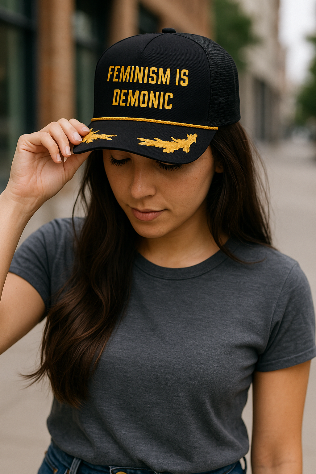 Feminism is Demonic Gold Leaf Trucker